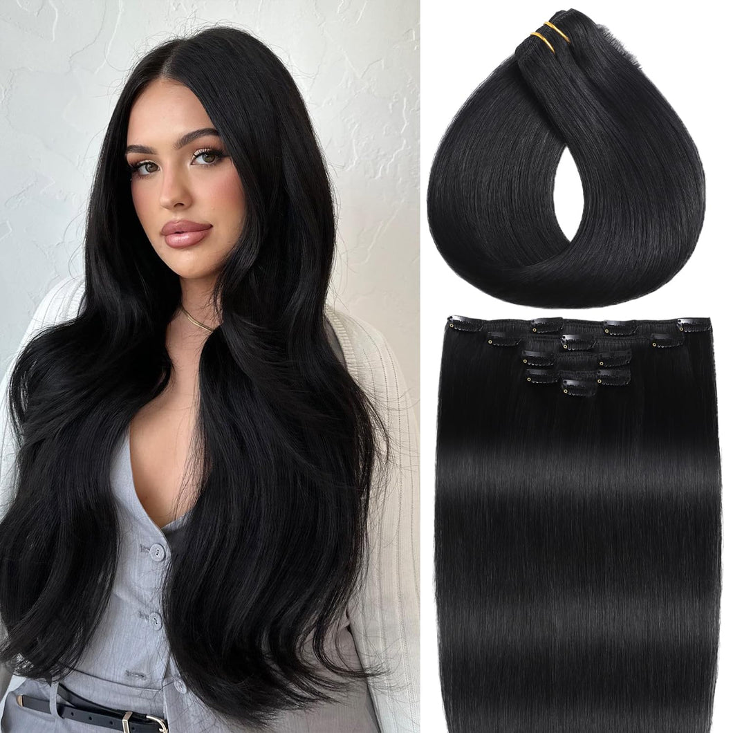 Clip in Hair Extensions Real Human Hair Jet Black Clip in Extensions for Women Straight Remy Human Hair Extensions 16 Inch 80g/5pcs Double Weft Hair Extensions Clip ins Reusable