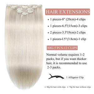 Clip in Hair Extensions Real Human Hair 18 Inch Platinum Blonde Hair Extensions Clip ins Real Hair Extension Clip in Human Hair for Women 80g/5pcs Double Weft