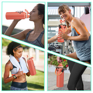 40 oz Stainless Steel Water Bottles with Straw and Auto Spout Lids, Wide Mouth Metal Thermo Bottles for Gym, Leak Proof & BPA-Free Water Flask Jug with Paracord Handle & Carrier Bag with Strap