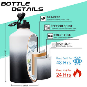 Insulated Water-Jug Gallon Water Bottles - with Straw & Spout Lids, Paracord Handle & Bottle Carrier, 128OZ Metal Gallon Water Bottle Large, Vacuum Thermo Jug Stainless Steel Water Flask Jug