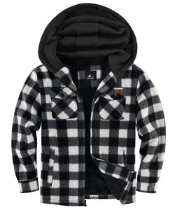 JACKETOWN Boys Fleece Jacket Kids Plaid Flannel Shacket Shirts Sherpa Hoodie Zip Up Sweatshirt Winter Coat 6-15 Years White Black 10-11 Years