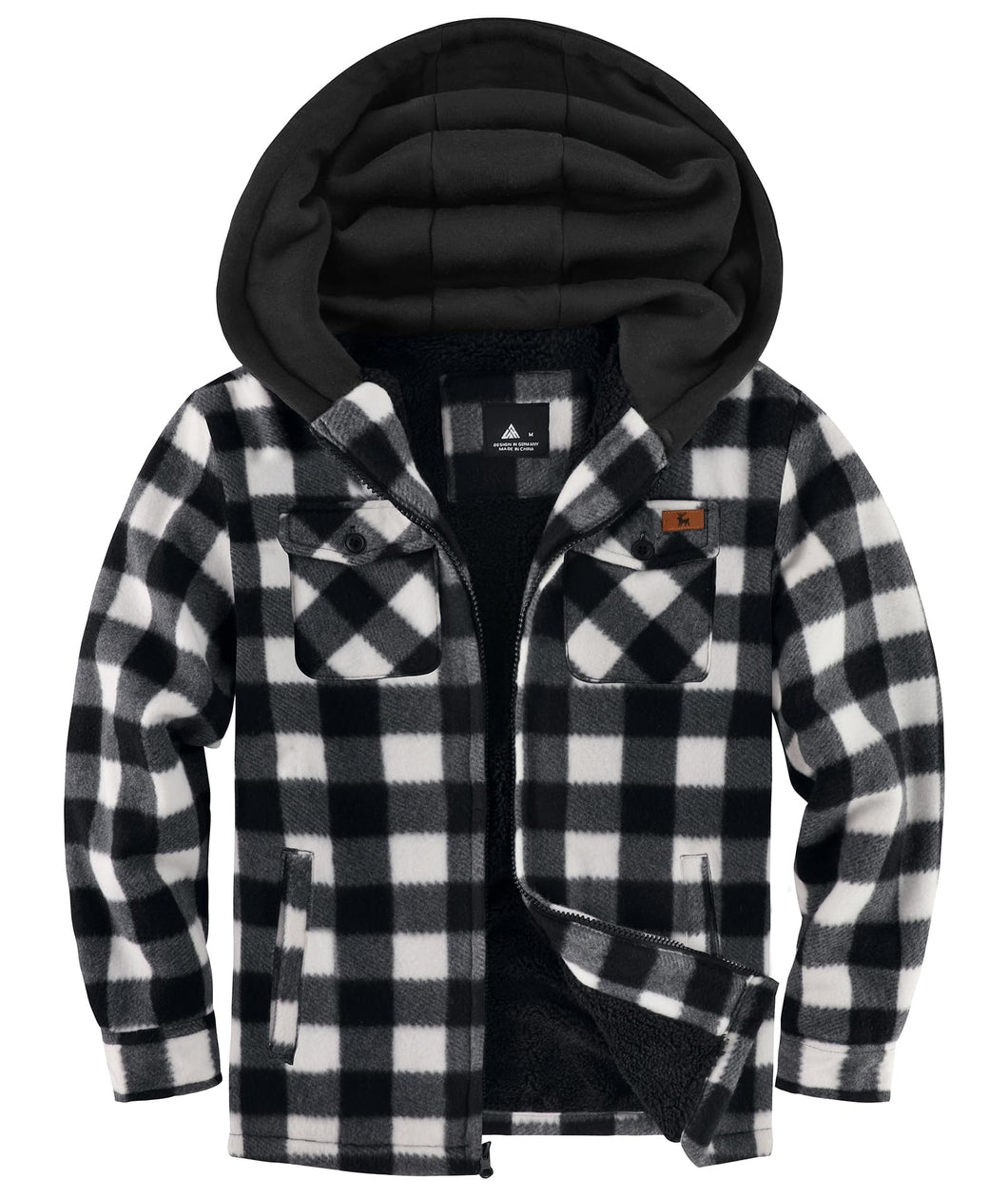 JACKETOWN Boys Fleece Jacket Kids Plaid Flannel Shacket Shirts Sherpa Hoodie Zip Up Sweatshirt Winter Coat 6-15 Years White Black 10-11 Years
