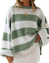 Load image into Gallery viewer, ZESICA Women&#39;s 2025 Fall Long Sleeve Oversized Striped Color Block Comfy Loose Crew Neck Knitted Pullover Sweater Green Small
