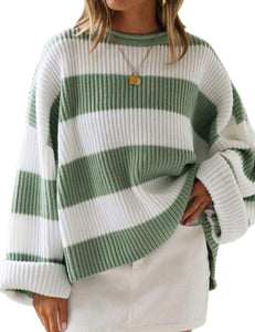ZESICA Women's 2025 Fall Long Sleeve Oversized Striped Color Block Comfy Loose Crew Neck Knitted Pullover Sweater Green Small
