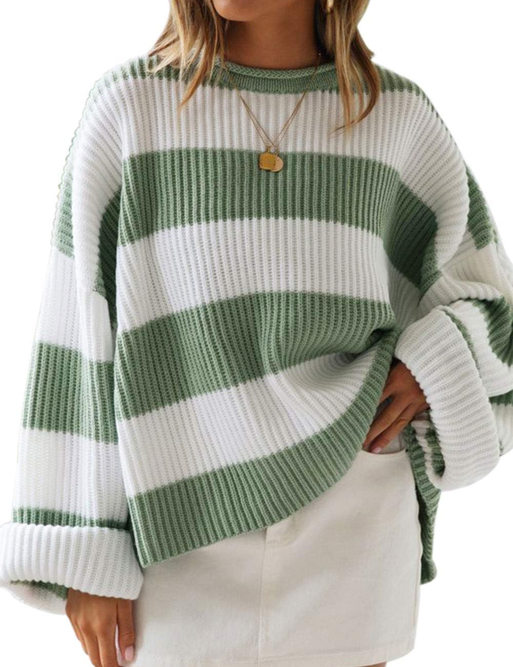 ZESICA Women's 2025 Fall Long Sleeve Oversized Striped Color Block Comfy Loose Crew Neck Knitted Pullover Sweater Green Small