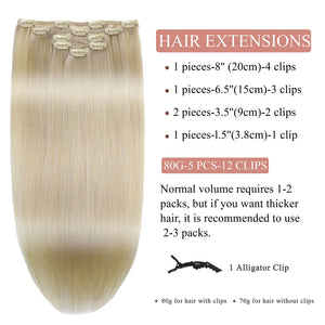 Clip in Hair Extensions Real Human Hair Straight Real Hair Extensions Clip ins Platinum Blonde Clip in Extensions Human Hair for Women Remy Hair Clip ins 16 Inch 80g/5pcs