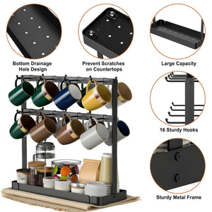 Coffee Mug Holder for Countertop, Cup Holder Rack with Slidable 16 Hooks, Large Mug Holder with Storage Base for Coffee Bar, Kitchen, Dining Room - Black
