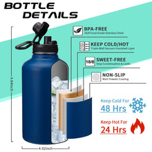 Load image into Gallery viewer, 64OZ Insulated Water-Bottles with Straw - Spout Lid, Stainless Steel Metal Water Jug Keep Cold 48h/Hot 24h, Half Gallon Water Bottle w/Paracord Handle &amp; Carry Sleeve Strap for Hiking Camping Sport
