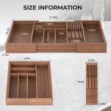 Load image into Gallery viewer, TIOPGHAD Bamboo-Silverware-Drawer-Organizer-Kitchen, Expandable Utensil Holder Cutlery Tray Flatware Organization Adjustable Wood Tableware Dividers Storage (with Removable Knife Block)(Brown)
