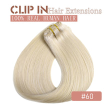 Load image into Gallery viewer, Clip in Hair Extensions Real Human Hair Straight Real Hair Extensions Clip ins Platinum Blonde Clip in Extensions Human Hair for Women Remy Hair Clip ins 16 Inch 80g/5pcs
