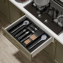 Load image into Gallery viewer, TIOPGHAD Bamboo-Silverware-Drawer-Organizer-Kitchen, Expandable Utensil Holder Cutlery Tray Flatware Organization Adjustable Wood Tableware Dividers Storage (with Removable Knife Block)(Black)

