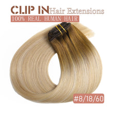 Load image into Gallery viewer, Clip in Hair Extensions Real Human Hair 100% Remy Human Hair Extensions Balayage Ash Brown to Blonde Ash Blonde Highlight Clip in Extensions for Women 16 Inch 5pcs/80g Double Weft Clip ins
