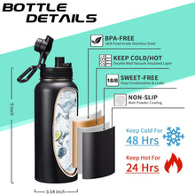 Load image into Gallery viewer, 32-40-64OZ Stainless Steel Water Bottle - Black Water Bottle with Straw &amp; Spout Lid, Paracord Handle &amp; Bottle Sleeve, Insulated Vacuum Water Flask Double-Wall Metal Thermo Cup Canteen for Gym School

