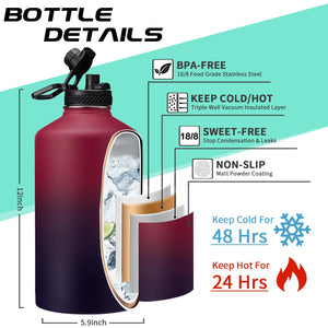1 Gallon Insulated Water Jug - with Paracord Handle, Straw & Chug Lid, Water Bottles Holder with Strap, 128oz Stainless Steel Large Water Bottle, Keep Hot 12H & Cold 48 for Travel Hiking Camping Work