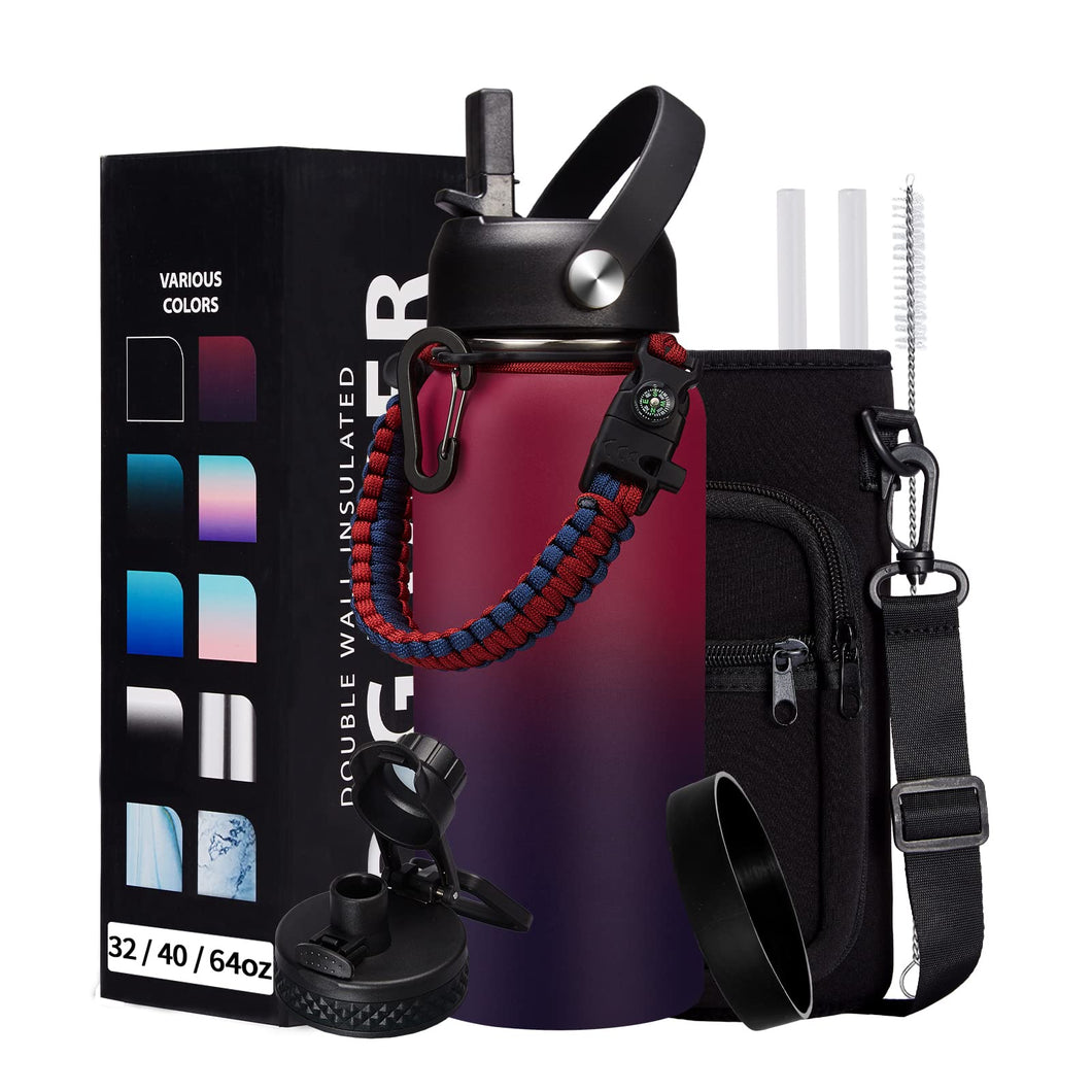 32OZ Insulated Water Bottle with Straw - Spout Lid, Sweat-Proof & BPA-Free Metal Reusable Water Bottles, Wide-Mouth Vacuum Insulated Bottle with Paracord Handle, Bottle Sleeve Bag & Protective Boot
