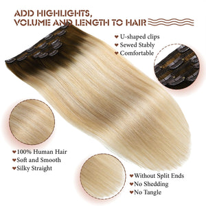 Clip in Hair Extensions Real Human Hair 100% Remy Human Hair Extensions Balayage Ash Brown to Blonde Ash Blonde Highlight Clip in Extensions for Women 16 Inch 5pcs/80g Double Weft Clip ins