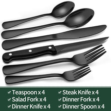 Load image into Gallery viewer, 24-Piece Black Silverware Set with Steak Knives, Black Flatware Set for 4, Food-Grade Stainless Steel Tableware Cutlery Set, Mirror Finished Utensil Sets for Home Restaurant

