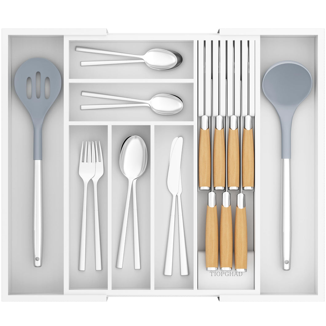 TIOPGHAD Bamboo-Silverware-Drawer-Organizer-Kitchen, Expandable Utensil Holder Cutlery Tray Flatware Organization Adjustable Wood Tableware Dividers Storage (with Removable Knife Block)(White)