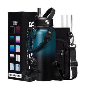 32/40/64/128 oz Insulated Water Bottle with straw & Spout Lids Keep Cold 48H Hot 24H, Large Water Flask Bottle with Shoulder Carrier Bag, Paracord Handle & Boot for Gym, Workout & Beach