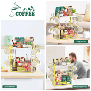 EsLuker.ly Coffee Bar Station Organizer Mug Cup Holder Stand for Countertop, Multi-Functional 2 Tier Mug Tree Rack for Kitchen, Storage Shelf with 12 Hooks, White-Gold