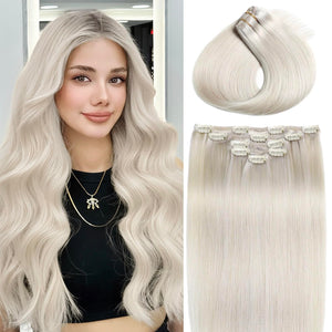 Clip in Hair Extensions Real Human Hair Platinum Blonde Remy Hair Extensions Clip ins 14 Inch 80g/2.82oz 5pcs Human Hair Clip in Extensions for Women Double Weft #60