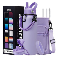Load image into Gallery viewer, 40 oz Water Bottle with Straw - Insulated Vacuum Water Flask with Straw &amp; Auto Spout Lid, Paracord Handle &amp; Carrying Pouch, Keep Cold 48H Hot 24H, Sweat-Proof Thermal Water Jug with Strap for Hiking
