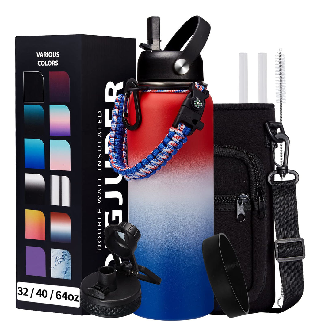 40oz Insulated Water Bottle with Straw, Paracord Handle & Carrier Bag, Wide Mouth Vacuum Insulated Hydro Bottle, Stainless Steel Thermo Mug Flask for Sports Office School, Cold 48Hrs & Hot 24Hrs
