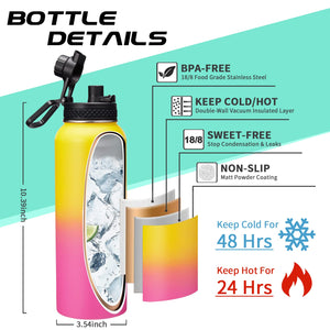 40OZ Insulated Stainless-Steel Water Bottle - Reusable Metal Water Bottles with Straw & Spout Lids, Paracord Handle & Carrier Pouch, Leakproof Workout Water Flask for Women Men