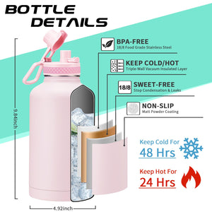 Half Gallon Water-Bottle with Straw - Pop-up Chug Lid (Cold 48H & Hot 24H) 64oz Insulated Water Bottle Flask with Sleeve Strap, Paracord Handle, Bottle Boot, Pink Stainless Steel Metal Water Jug