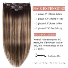 Load image into Gallery viewer, Clip in Hair Extensions Real Human Hair Extensions 20 Inch Human Hair Clip in Extensions Balayage Chocolate Brown to Caramel Blonde Clip ins for Women Remy Human Hair Extensions #4/4/27 80g 5pcs
