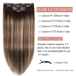 Clip in Hair Extensions Real Human Hair Extensions 20 Inch Human Hair Clip in Extensions Balayage Chocolate Brown to Caramel Blonde Clip ins for Women Remy Human Hair Extensions #4/4/27 80g 5pcs