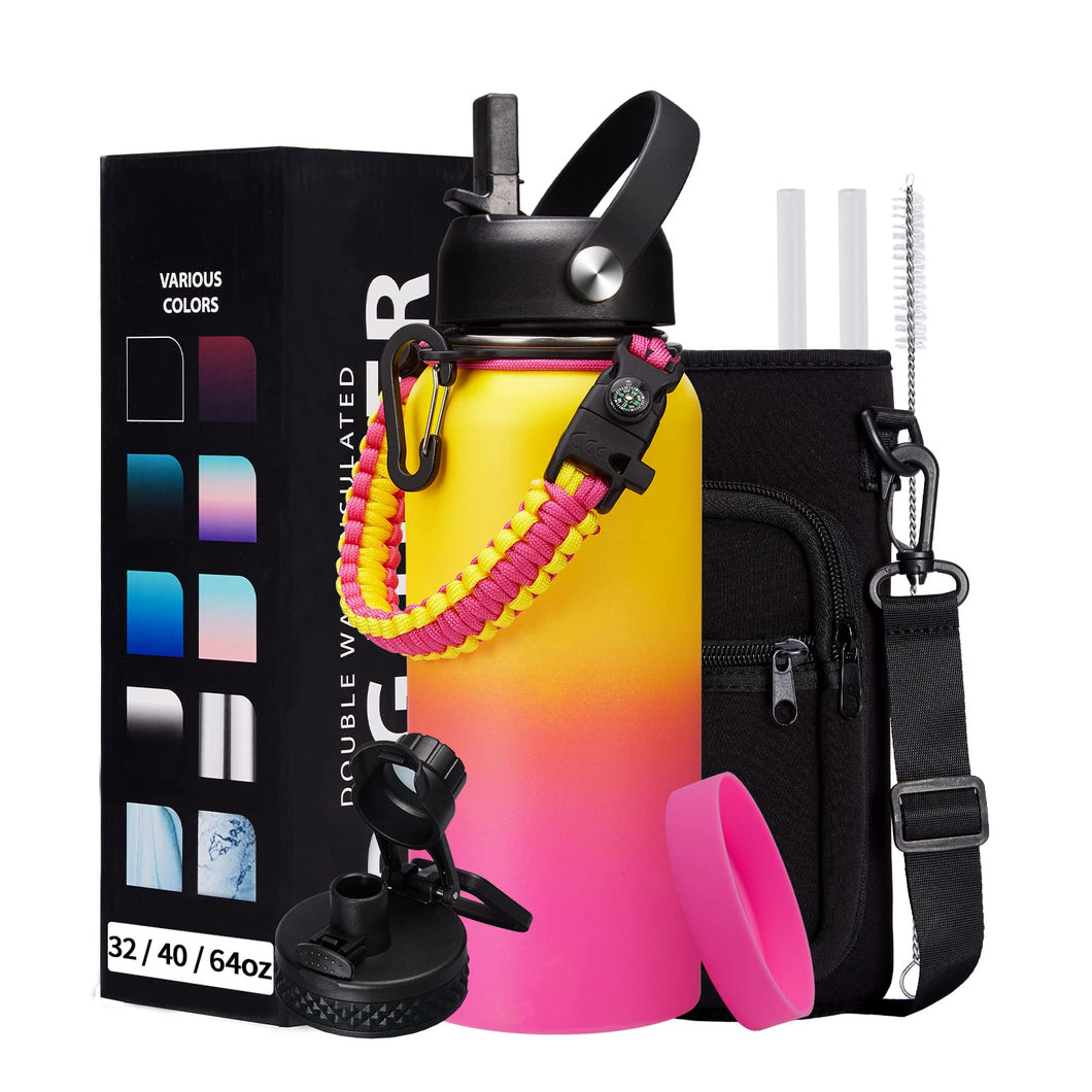 32/40/64oz Insulated Water Bottle with Paracord Handle, Sleeve Carry Strap, Straw Spout Lid, Wide Mouth Metal Canteen Sports Thermo Mug, Leak & Sweat Proof Cold Flask Jug for Camping Traveling