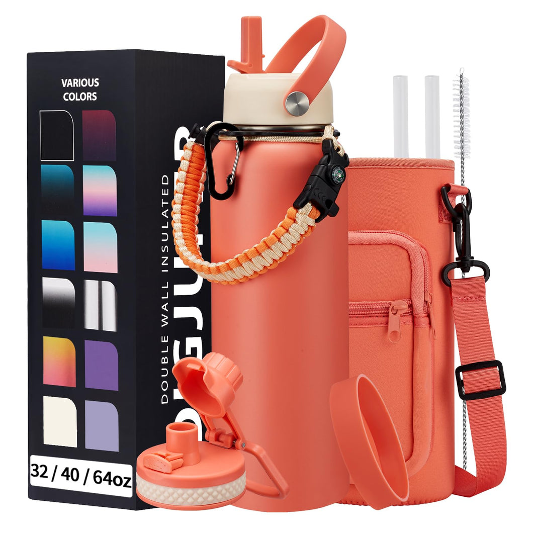 40 oz Stainless Steel Water Bottles with Straw and Auto Spout Lids, Wide Mouth Metal Thermo Bottles for Gym, Leak Proof & BPA-Free Water Flask Jug with Paracord Handle & Carrier Bag with Strap