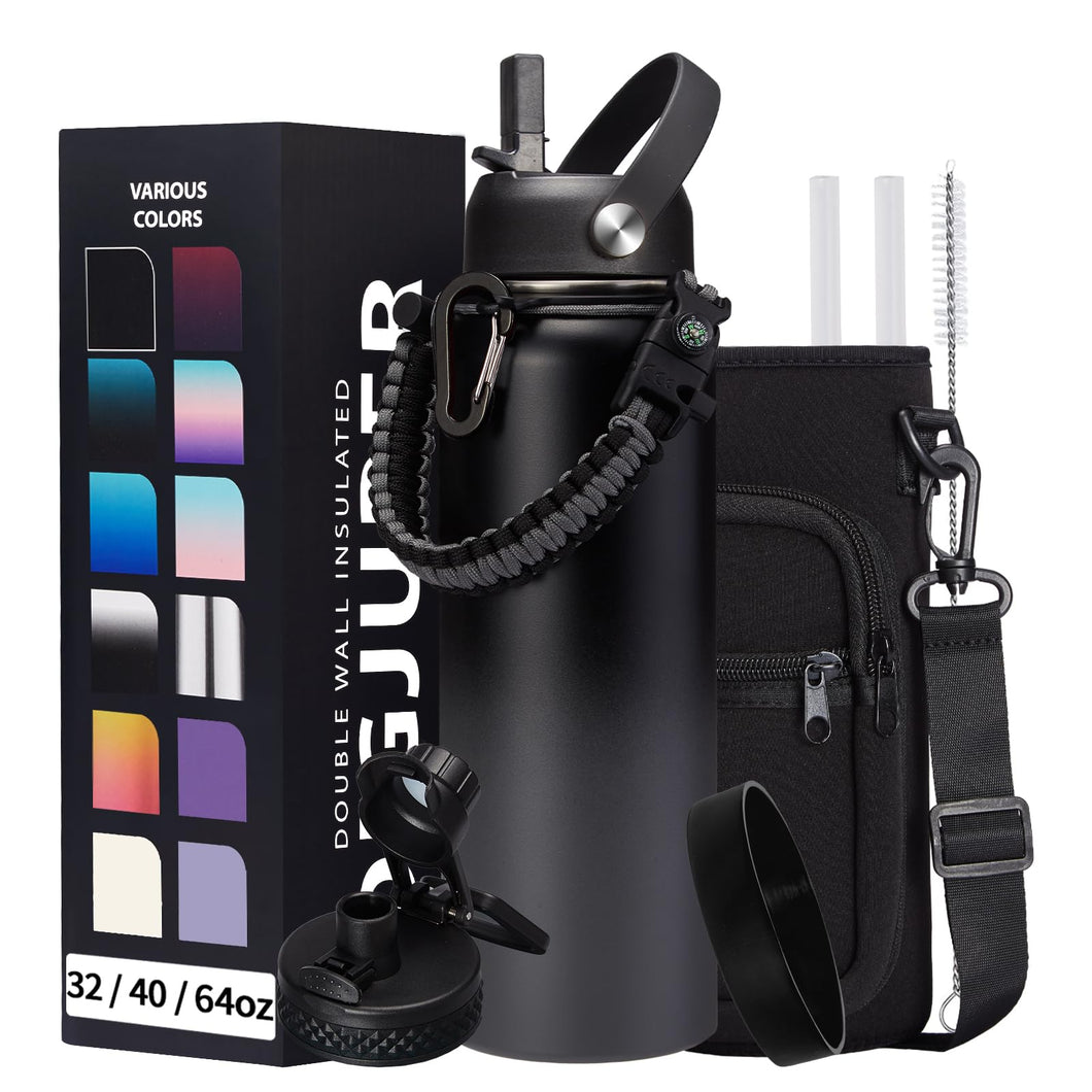 Vacuum Insulated Water Bottle 40oz - w/Straw Lid & Spout Lid, Carrier Bag, Paracord Handle, Bottle Boot, Stainless Steel Water Bottle for Adults, Wide Mouth Thermo Bottle Flask Cold-48H Hot-24H