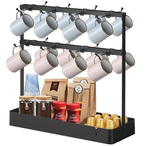 Coffee Mug Holder for Countertop, Cup Holder Rack with Slidable 16 Hooks, Large Mug Holder with Storage Base for Coffee Bar, Kitchen, Dining Room - Black