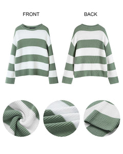 ZESICA Women's 2025 Fall Long Sleeve Oversized Striped Color Block Comfy Loose Crew Neck Knitted Pullover Sweater Green Small