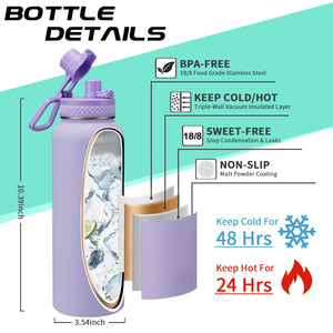 40 oz Water Bottle with Straw - Insulated Vacuum Water Flask with Straw & Auto Spout Lid, Paracord Handle & Carrying Pouch, Keep Cold 48H Hot 24H, Sweat-Proof Thermal Water Jug with Strap for Hiking