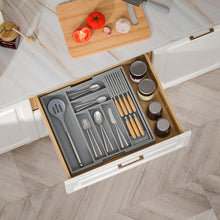 Load image into Gallery viewer, TIOPGHAD Bamboo-Silverware-Drawer-Organizer-Kitchen, Expandable Utensil Holder Cutlery Tray Flatware Organization Adjustable Wood Tableware Dividers Storage (with Removable Knife Block)(Grey)
