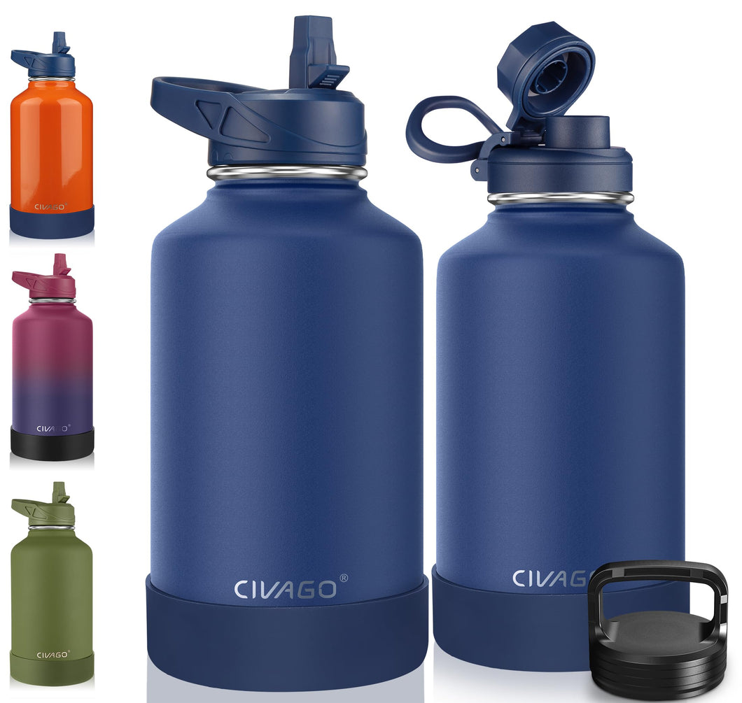 CIVAGO 64 oz Insulated Water Bottle With Straw, Half Gallon Stainless Steel Sports Water Flask Jug with 3 Lids (Straw, Spout and Handle Lid), Large Metal Thermal Cup Mug, Navy Blue