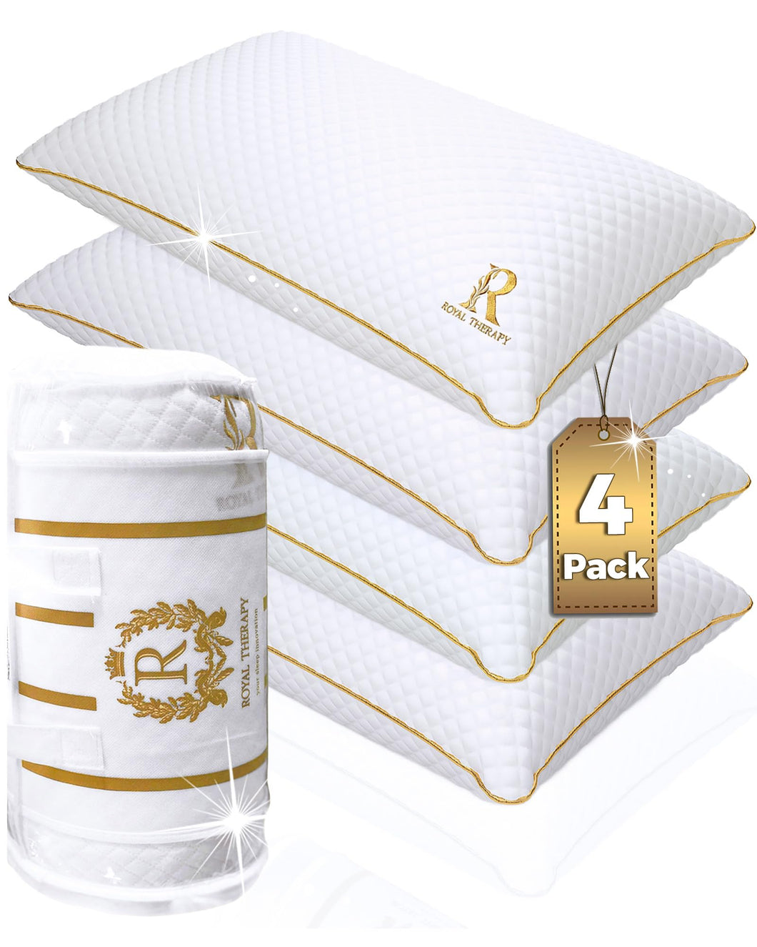 Royal Therapy Queen Memory Foam Pillows 4-Pack - Shredded Memory Foam Pillow for All Sleep Positions - Medium Firm Pillow with Adjustable Loft, Bamboo Rayon Cover, CertiPUR-US, Oeko-TEX Certified