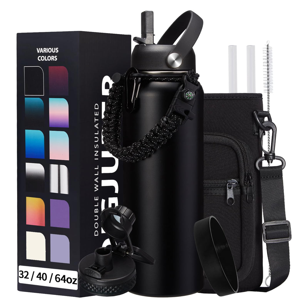 DIGJUPER 40OZ Insulated Water Bottle with Auto Spout Lids, Straw Lids, Paracord Handle for Sport, Protective Cup Mat, BPA-Free Reusable Insulated Water Bottle - Black Water Jug with Straw