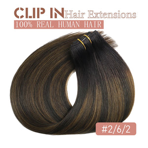 Hair Extensions Real Human Hair Balayage Clip in Hair Extensions Real Human Hair Dark Brown to Chestnut Brown Straight Remy Human Hair Clip ins 80g 5pcs Double Weft