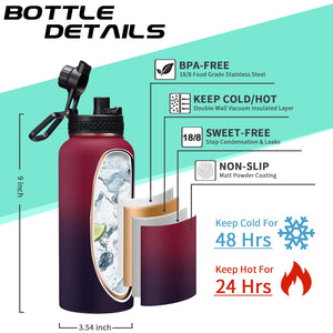 32OZ Insulated Water Bottle with Straw - Spout Lid, Sweat-Proof & BPA-Free Metal Reusable Water Bottles, Wide-Mouth Vacuum Insulated Bottle with Paracord Handle, Bottle Sleeve Bag & Protective Boot