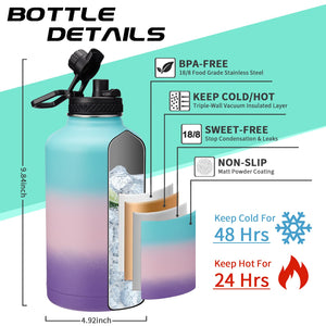 DIGJUPER 64OZ Insulated Water-Bottle with Paracord-Handle - Half Gallon Water Bottle Jug with Straw & Spout Lids, Bottle Sleeve & Boot, Keep Cold-48h Hot-24h for Fitness Camping Hunting, Hiking