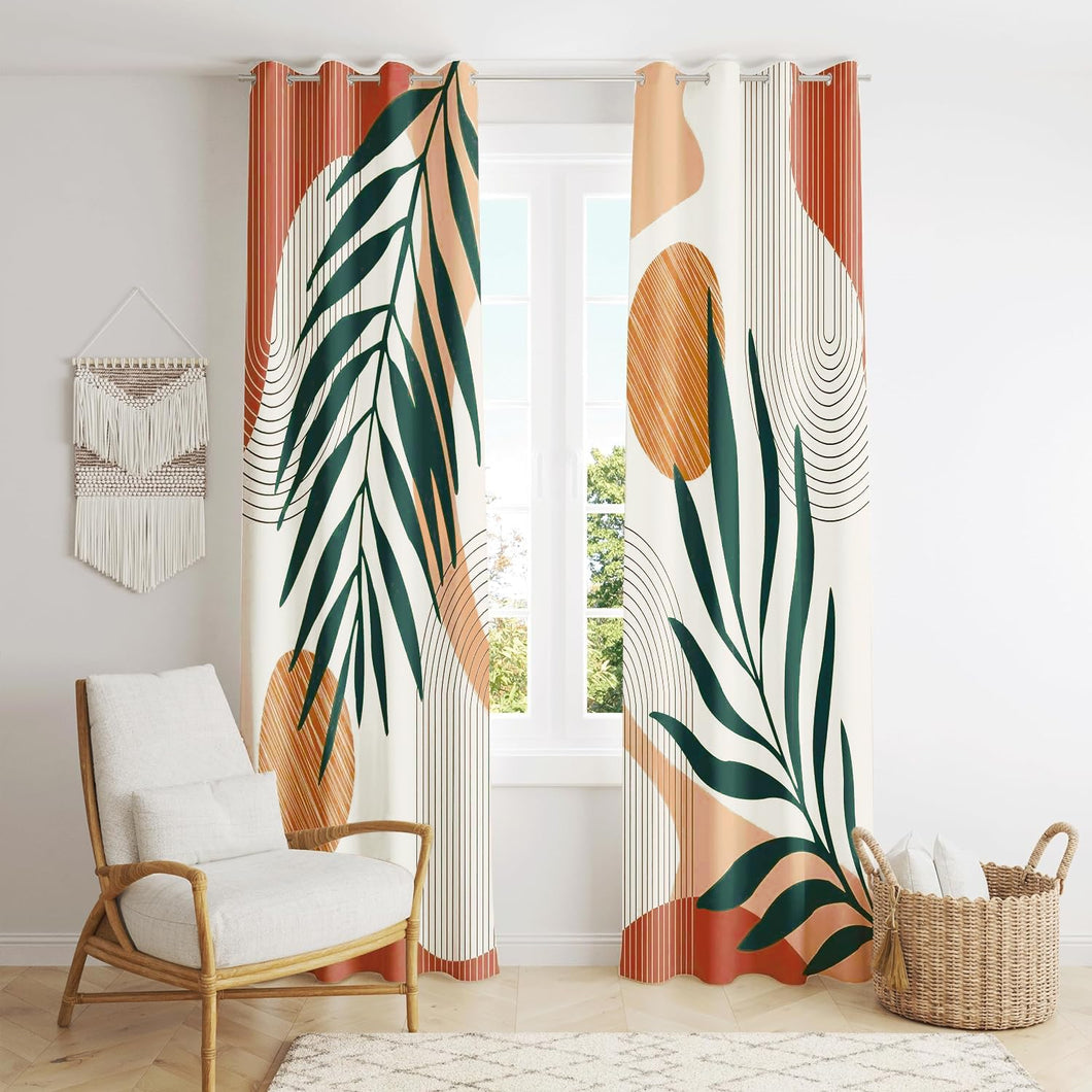 ZYLLGLOW Mid Century Modern Curtains Set Thick Cotton Boho Curtain Blackout for Bedroom Bohemian Style Decor Window Leaf Print Classical Drapes for Living Dining Room 2 Panels, W52''×L108''