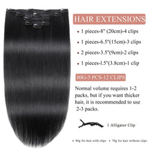 Load image into Gallery viewer, Black Clip in Hair Extension Real Human Hair 20 Inch Remy Hair Extensions Clip ins Real Human Hair for Women 80g/5pcs Straight Human Hair Extensions Double Weft
