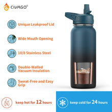 Load image into Gallery viewer, CIVAGO 22 oz Insulated Water Bottle With Straw, Stainless Steel Sports Water Flask Cup with 3 Lids (Straw, Portable Spout and Handle Lid), Double Walled Travel Thermal Canteen Mug, Indigo Black
