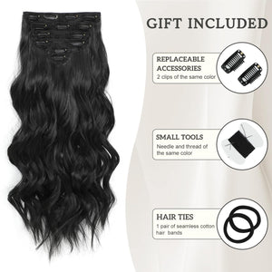 Fliace Clip in Black Hair Extensions for Women, Thick Double Weft Wavy Soft Hair & Blends Well Long Hairpieces(20inch, 6pcs, Natural Black)