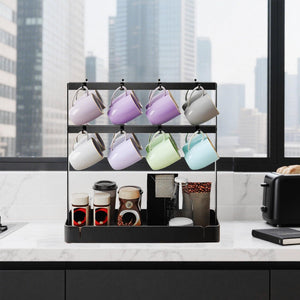 Coffee Mug Holder for Countertop, Cup Holder Rack with Slidable 16 Hooks, Large Mug Holder with Storage Base for Coffee Bar, Kitchen, Dining Room - Black