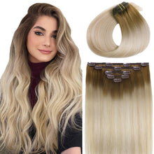 Load image into Gallery viewer, Clip in Hair Extensions Real Human Hair 100% Remy Human Hair Extensions Balayage Ash Brown to Blonde Ash Blonde Highlight Clip in Extensions for Women 16 Inch 5pcs/80g Double Weft Clip ins
